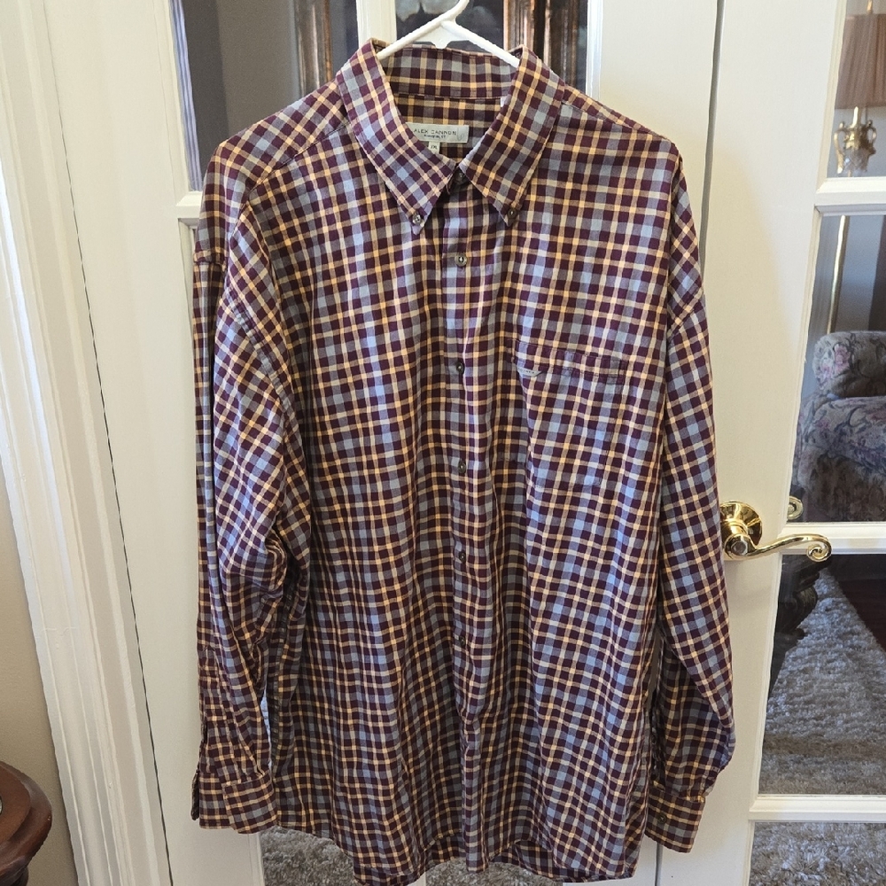 Alex Cannon Multicolor Plaid Button-Down Shirt Long Sleeve Blue Wine Tan XXL EUC